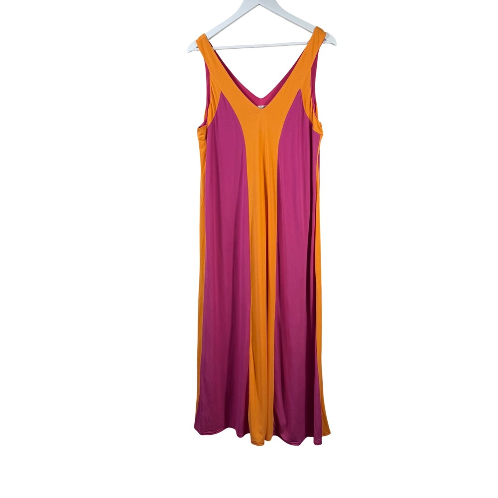 LaLavon Pink Orange Colorblock Maxi Dress V-Neck Sleeveless Womens Stretch Small